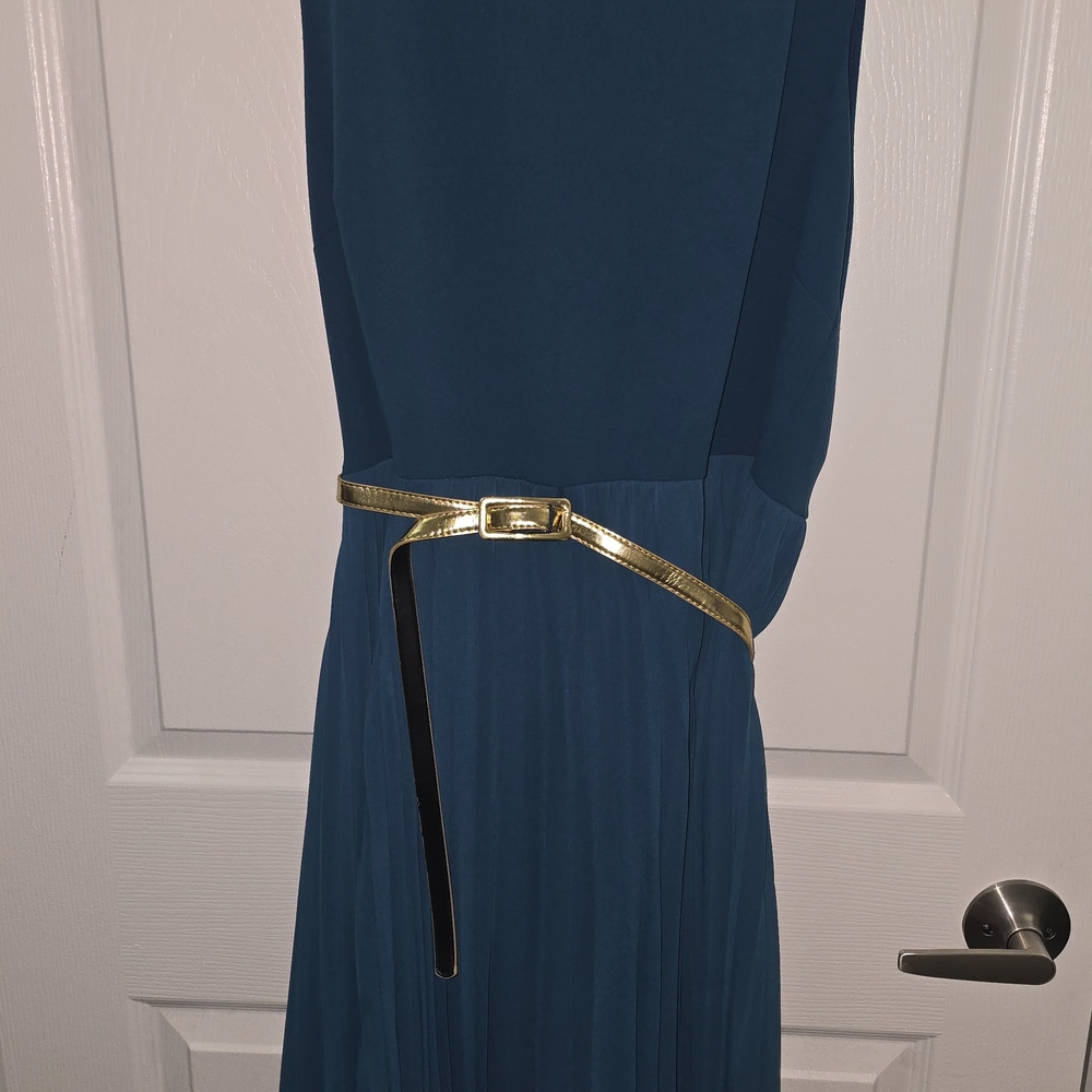Elegant Teal Dress with Gold Belt